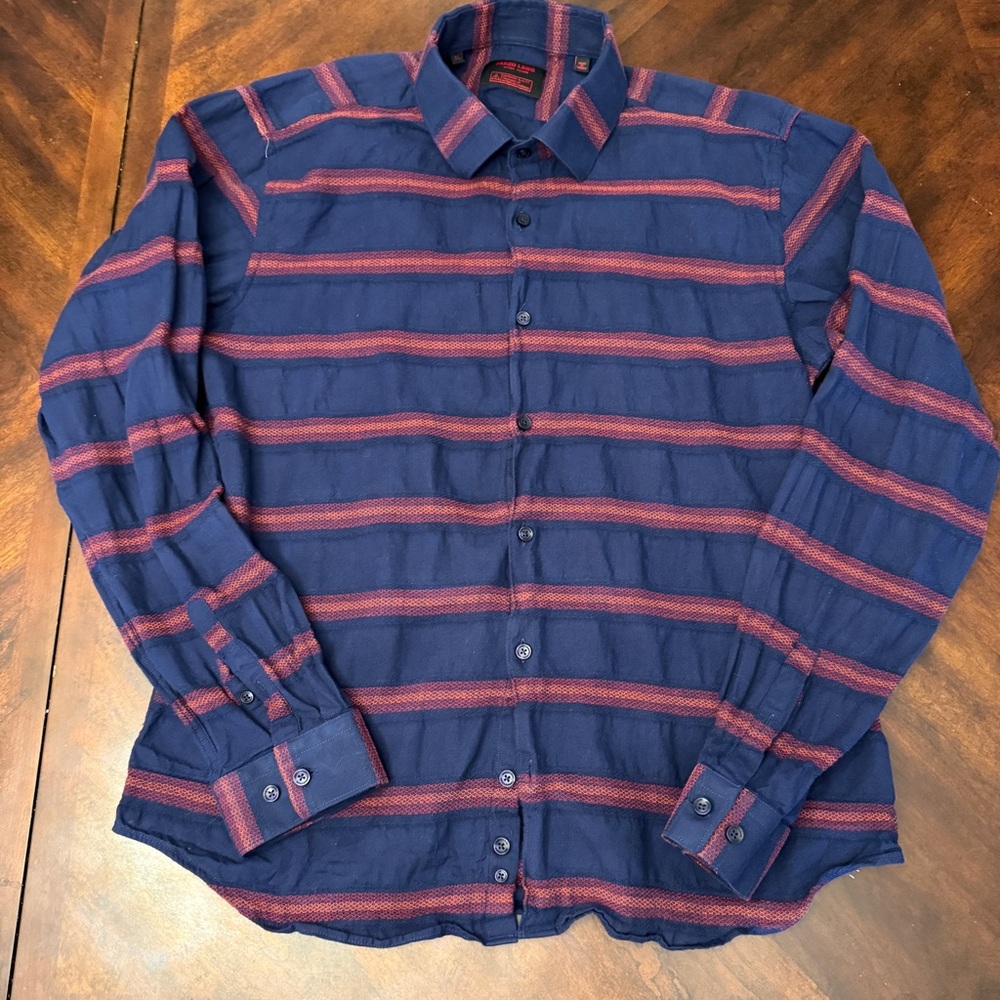 Jared Lang After Hours Slim Fit Long Sleeve Shirt Navy Red Stripe 100% Cotton